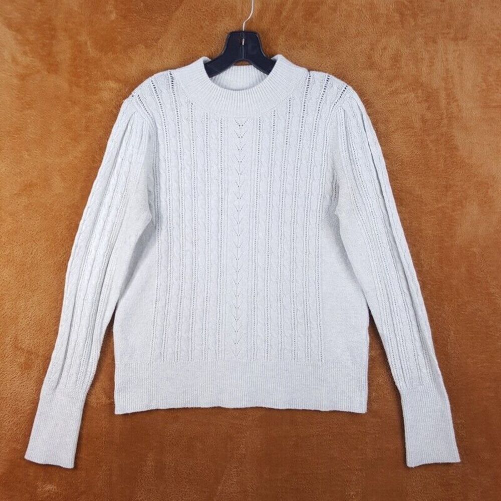 LUCKY BRAND Womens Sweater Medium Gray Pullover Mock Neck Cable Knit Stretch